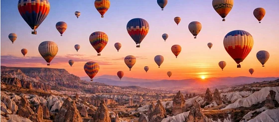 Globos aerostáticos sobre los valles de Capadocia al amanecer